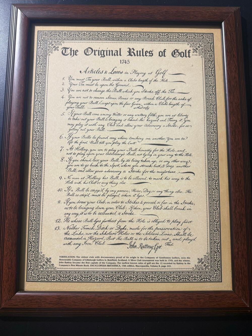 Framed replica print of "The Original Rules of Golf" from 1745 18.5X14.5"